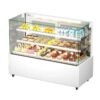 Customizable LED lightbox logo on vertical cake display case for brand identity