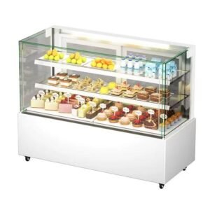 Customizable LED lightbox logo on vertical cake display case for brand identity
