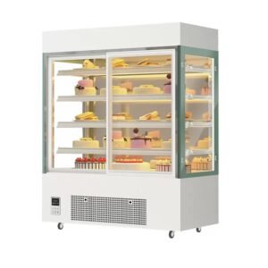Air-cooled frost-free vertical cake display case with even temperature distribution