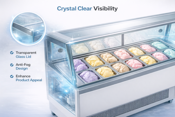 Stainless Steel Ice Cream Display Freezer | Commercial Glass Top Gelato Showcase