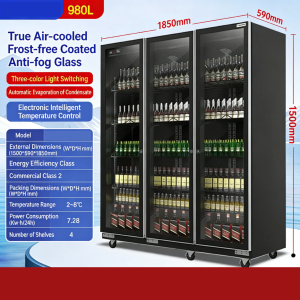 Commercial Beverage Cooler 690-1650L | Double/Triple Door Upright Refrigerator | Frost-Free, Adjustable Shelves, LED Lighting, Digital Temperature Control | Stainless Steel & Tempered Glass Display Cabinet for Wine & Drinks