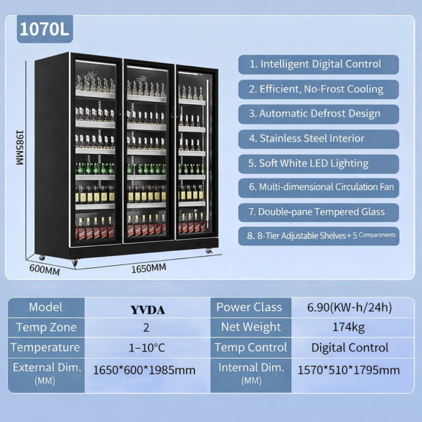 Commercial Beverage Cooler 690-1650L | Double/Triple Door Upright Refrigerator | Frost-Free, Adjustable Shelves, LED Lighting, Digital Temperature Control | Stainless Steel & Tempered Glass Display Cabinet for Wine & Drinks